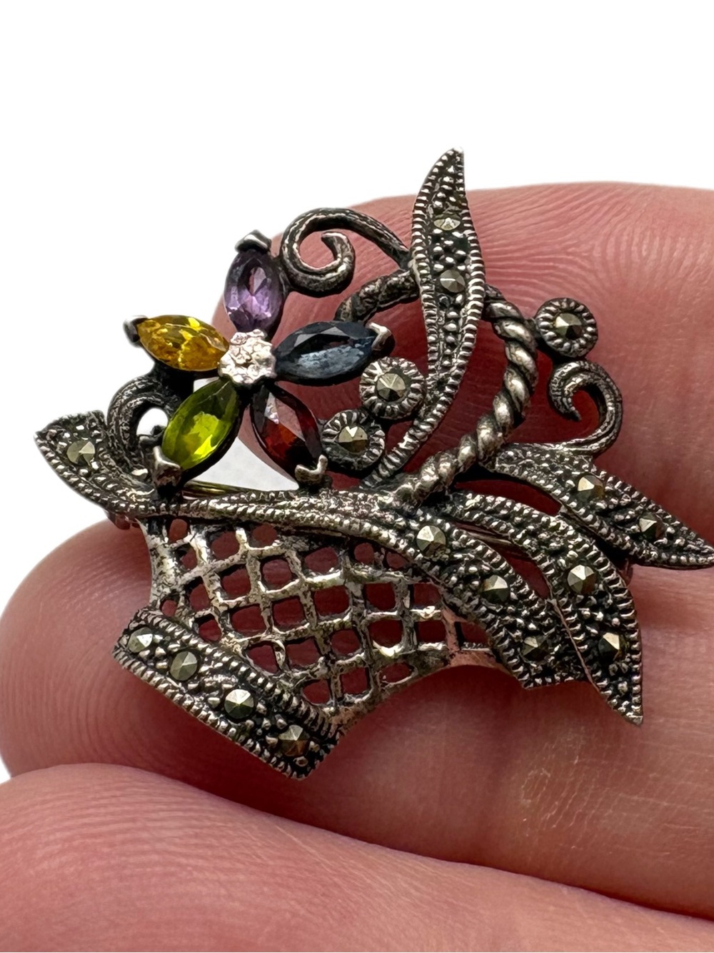 Vintage Sterling Silver Marcasite Flower Basket Brooch
